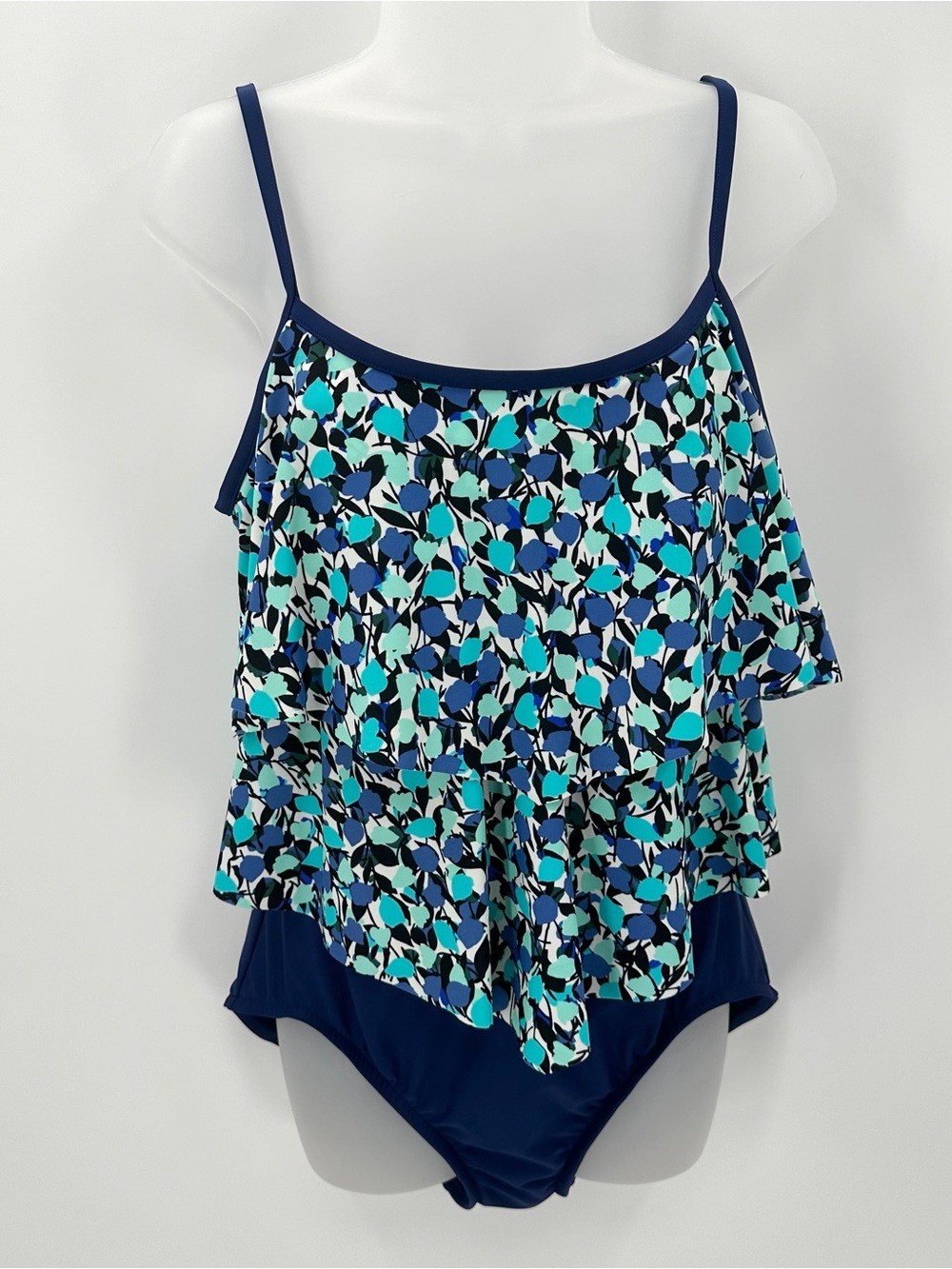 Maxine of Hollywood Swimsuit Womens 14 Blue Print One Piece Tiered Ruffle Beach